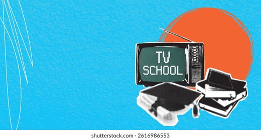 Trendy modern art collage "TV School" with halftone TV, books and academic cap. Distance education concept, pop art style. Paper cut element