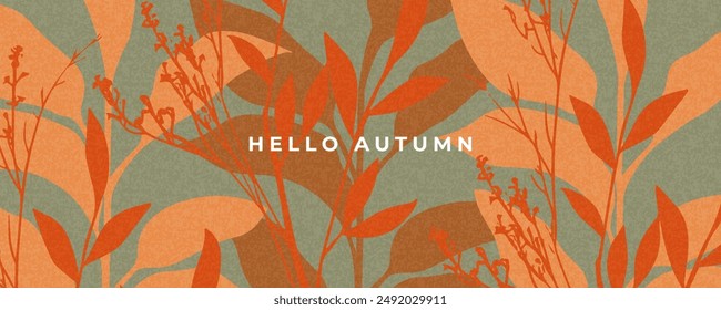 Trendy modern art style abstract autumn poster or cover with bright beautiful leaves and plants. Fall background, web banner, or flyer design. Template for advertising, print, packaging, social media