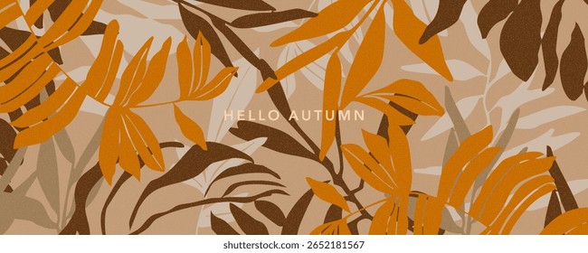Trendy modern art style abstract autumn poster or cover with bright beautiful leaves and plants. Fall background, web banner, or flyer design. Template for advertising, print, packaging, social media