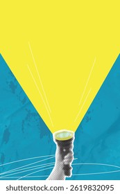 Trendy modern art vertical collage. Hand with lantern. Spotlight light. Search concept. Vector banner with halftone effect and place for text
