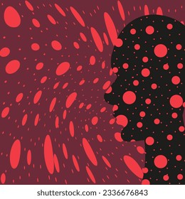 Trendy modern Avant-garde background with black human Head silhouette. Simple distorted red Circles. Wallpaper with naive liquid trippy round. Vector illustration.