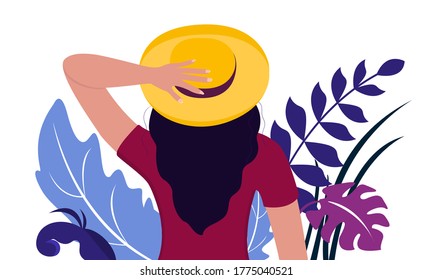 Trendy modern bright vector illustration of a woman in a hat. View of a woman from the back. Woman surrounded by herbs