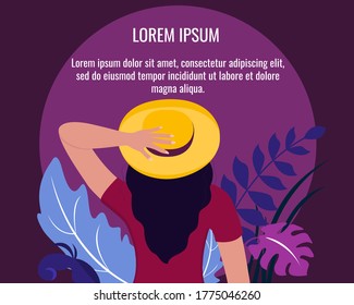 Trendy modern bright vector illustration of a woman in a hat. View of a woman from the back. Design for banner, poster, greeting card or invitation