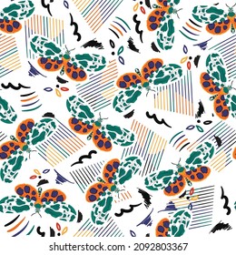 Trendy Modern Butterfly insect with colourful lines and brush strokes seamless pattern ,Design for fashion , fabric, textile, wallpaper, cover, web , wrapping and all prints 
