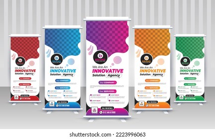 Trendy Modern corporate business marketing x stand rollup pullup signage retractable eye catchy gradient multiple color banner design vector template