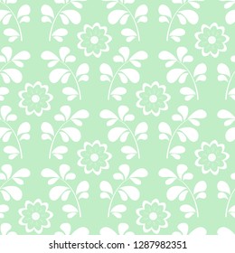 Trendy modern damask floral pattern, white hand drawn elements on pastel green background. Vector seamless pattern tile in two colors. 