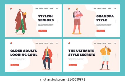 Trendy Modern and Elegant Aged Pensioners Landing Page Template. Old Male and Female Characters Wear Fashionable Clothes. Stylish Senior Men or Women Posing. Cartoon People Vector Illustration