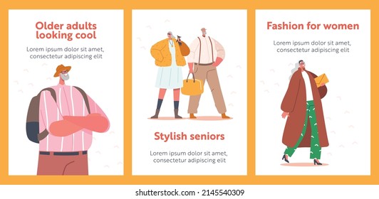 Trendy Modern and Elegant Aged Pensioners Banners. Old Male and Female Characters Wear Fashionable Clothes Stylish Senior Men or Women Posing. Cartoon People Vector Illustration, Posters Set