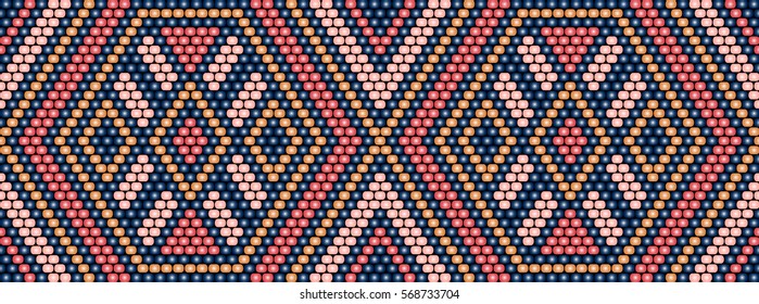 Trendy modern ethnic  beaded border, pattern embroidery cross, diamonds stripe