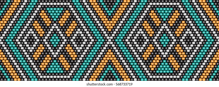 Trendy modern ethnic  beaded border, pattern embroidery cross, diamonds stripe