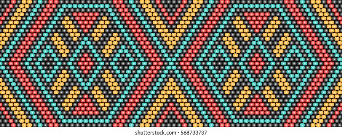 Trendy modern ethnic  beaded border, pattern embroidery cross, diamonds stripe