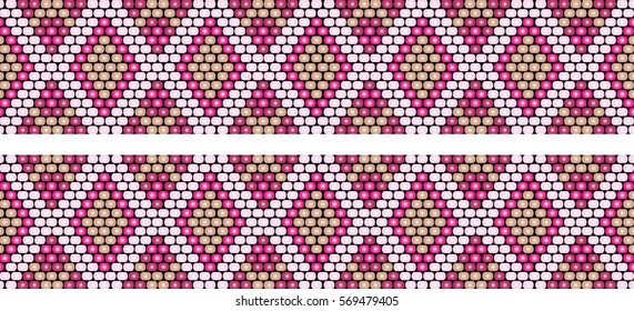 Trendy modern ethnic  beaded border, pattern embroidery cross, diamonds stripe