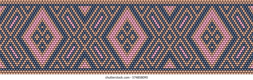Trendy modern ethnic  beaded border, pattern embroidery cross, diamonds stripe