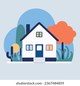 Ilustración vectorial moderna de casa plana moderna, elemento gráfico de construcción paisajística para banner, tarjeta de saludo, afiche, publicidad, web, etc.
