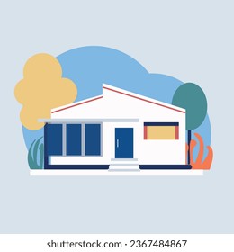 Ilustración vectorial moderna de casa plana moderna, elemento gráfico de construcción paisajística para banner, tarjeta de saludo, afiche, publicidad, web, etc.