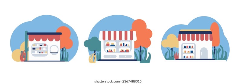 Trendy modern flat shop, store set collection vector illustration, landscape building graphic element for banner, greeting card, poster, advertising, web, etc