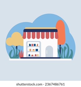 Trendy modern flat shopstore vector illustration, landscape building graphic element for banner, greeting card, poster, advertising, web, etc