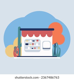 Ilustración vectorial de tienda moderna y moderna de moda, elemento gráfico de construcción paisajística para banner, tarjeta de saludo, afiche, publicidad, web, etc