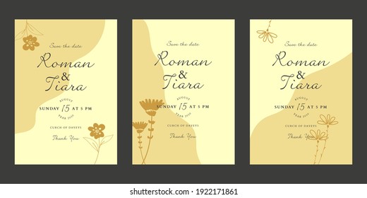 trendy modern floral hand drawn botanical wedding tropical leaves invitation template collection set. vector illustration