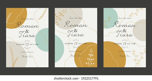 trendy modern floral hand drawn botanical wedding tropical leaves invitation template collection set. vector illustration