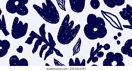 Trendy, modern floral pattern.  Grunge, shabby elements texture. Vector seamless pattern. For print, design, wallpaper, fabric, paper, etc.
