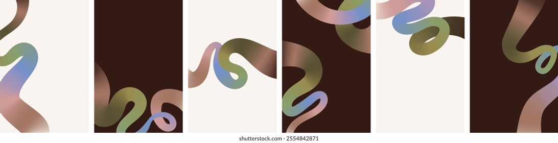 Trendy modern graphic vertical banner, cover templates set vector illustration. Wavy doodle scribble geometric shapes, ribbons with earthy gradient. Mocha mousse color of the year 2025 palette