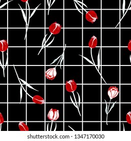 Trendy modern Grid check background on top with beautiful blowing red tulip leaves and garden flowers seamless pattern vector for fashion,fabric,and all prints on black