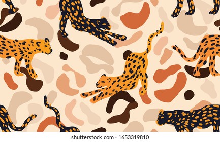 Trendy modern leopard seamless pattern. Creative collage pattern. Fashionable template for design. Natural pastel colors.