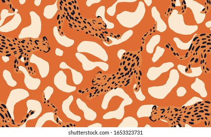 Trendy modern leopard seamless pattern. Creative collage pattern. Fashionable template for design. Natural pastel colors.