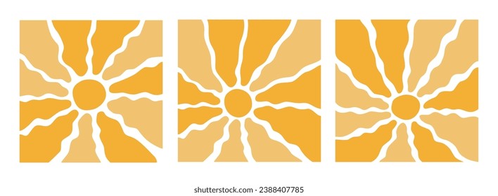 Trendy modern minimal with groovy sun for wall art, poster, card template. Boho style wavy sunburst in style 60s, 70s compositions set.