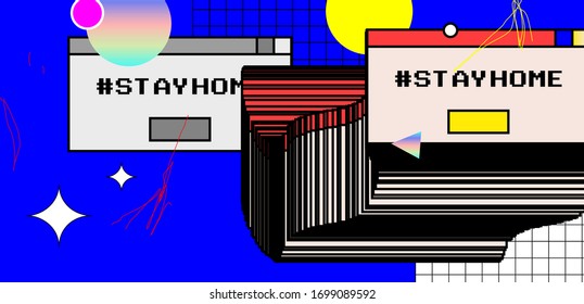 Trendy modern minimal style abstract background with bauhaus and retro futurism interface shapes and elements. Stay home message. Eps10 vector