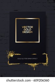 Trendy modern mockup design with gold sparkles on black brick wall.