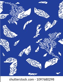 Diseño moderno y moderno con elementos vegetales y abstractos. Fragmentos caóticos de corales blancos sobre fondo azul.Patrón transparente del vector