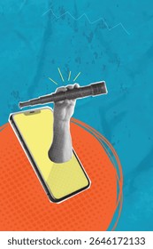 Trendy modern pop art collage. Hand with telescope coming out of smartphone screen. Search concept. Vertical vector banner with halftone effect and place for text