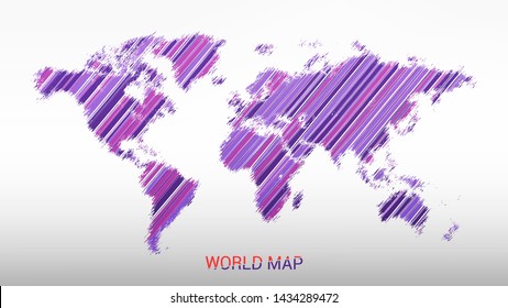 Trendy modern purple background. World map. Global social network. Future. Abstract image of the planet Earth. The contours of the continents created by brush strokes. Volume image of a sphere. 