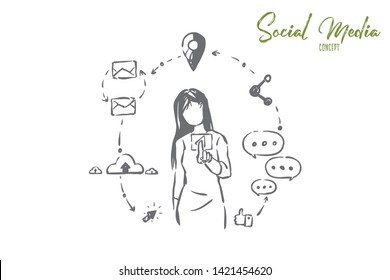 Trendy modern recreation, internet surfing, young woman with online network symbols, likes and comments. Girl surrounded with social media icons concept sketch. Hand drawn vector illustration