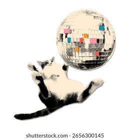 Trendy modern retro element for collage. Halftone cat playing with shiny disco ball as a toy cut out vector illustration isolated on transparent background. Grunge party sticker for mixed media design