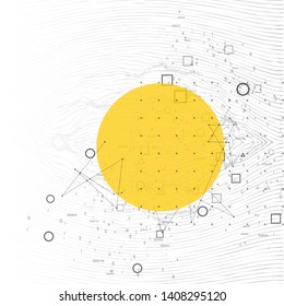 Trendy modern science or technology 3d background with dynamic particles. Cyberspace grid. Futuristic connection structure with yellow banner for chemistry and science concepts. Vector illustration