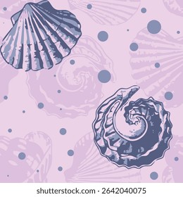Trendy, modern sea shells seamless vector pattern. Aesthetic nautical themed pattern ideas for home decor, textile, banner, poster, postcard, wall paper, laminates, gift wrapping.
