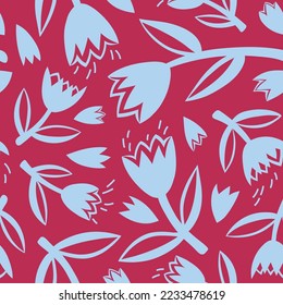 Patrón moderno y moderno con tulipanes abstractos en colores azul intenso. La estilizada impresión botánica a mano puede ser utilizada para tela, textil o papel pintado, fondo natural con flores adorables.