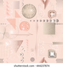 Trendy modern seamless pattern with abstract geometric shapes, crystals, diamonds and ornaments. 