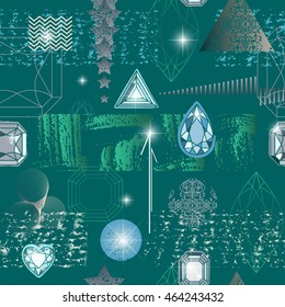 Trendy modern seamless pattern with abstract geometric shapes, crystals, diamonds and ornaments. Endless texture in vintage style. Abstract design poster, cover, card design.
