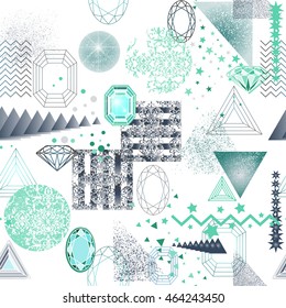 Trendy modern seamless pattern with abstract geometric shapes, crystals, diamonds and ornaments. Endless texture in vintage style. Abstract design poster, cover, card design.