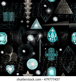 Trendy modern seamless pattern with abstract geometric shapes, crystals, diamonds and ornaments. Endless texture in vintage style. Abstract design poster, cover, card design.