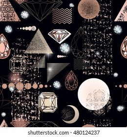 Trendy modern seamless pattern with abstract geometric shapes, crystals, diamonds and ornaments. Endless texture in vintage style. Abstract design poster, cover, card design.