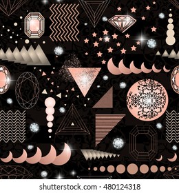 Trendy modern seamless pattern with abstract geometric shapes, crystals, diamonds and ornaments. Endless texture in vintage style. Abstract design poster, cover, card design.