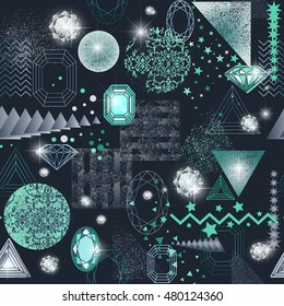 Trendy modern seamless pattern with abstract geometric shapes, crystals, diamonds and ornaments. Endless texture in vintage style. Abstract design poster, cover, card design.