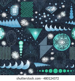 Trendy modern seamless pattern with abstract geometric shapes, crystals, diamonds and ornaments. Endless texture in vintage style. Abstract design poster, cover, card design.