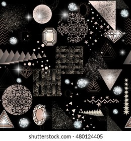 Trendy modern seamless pattern with abstract geometric shapes, crystals, diamonds and ornaments. Endless texture in vintage style. Abstract design poster, cover, card design.