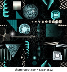 Trendy modern seamless pattern with abstract geometric shapes, crystals, diamonds and ornaments. Endless texture in vintage style. Abstract design poster, cover, card design.